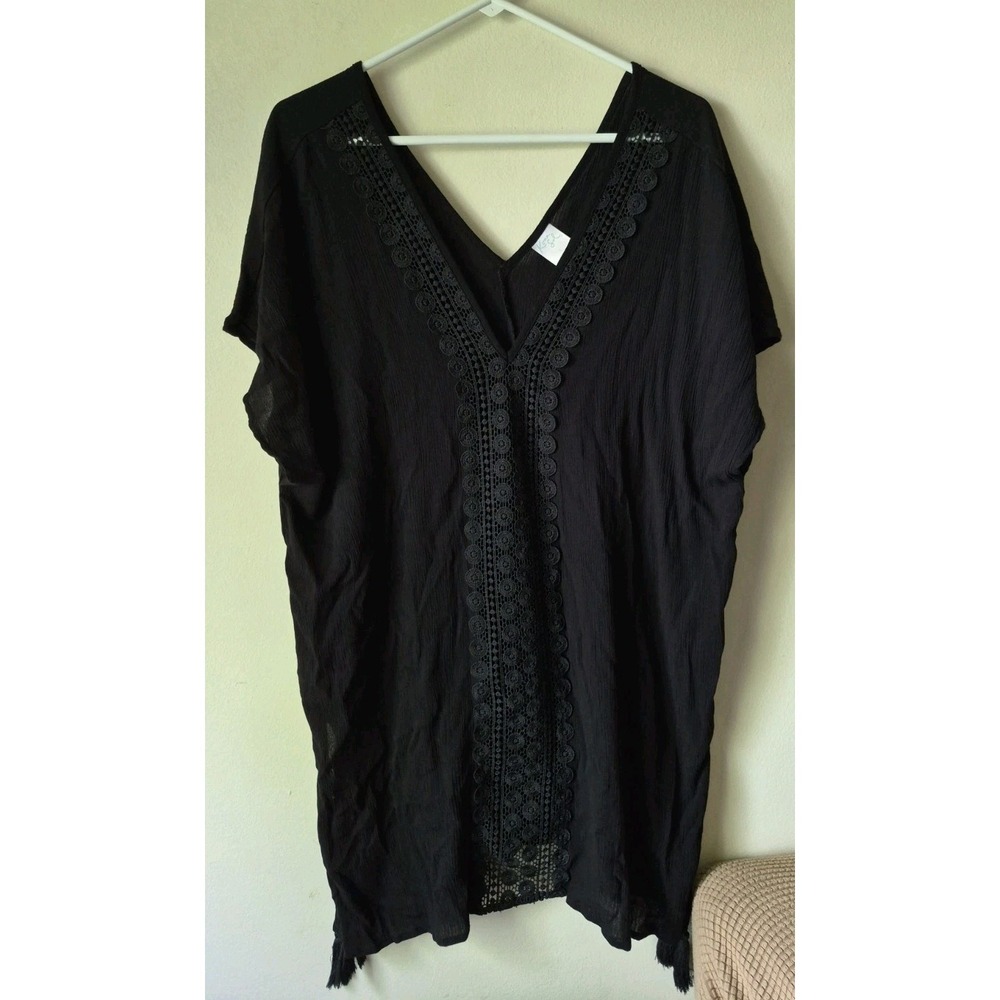Kona Sol Women's Swimsuit Cover Up Black Crochet Front Detail Tassels Size L‎
